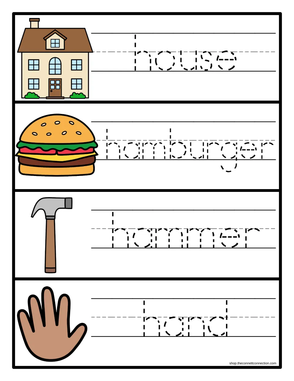 Handwriting practice: students trace dotted lowercase house, hamburger, hammer and hand next to each matching picture