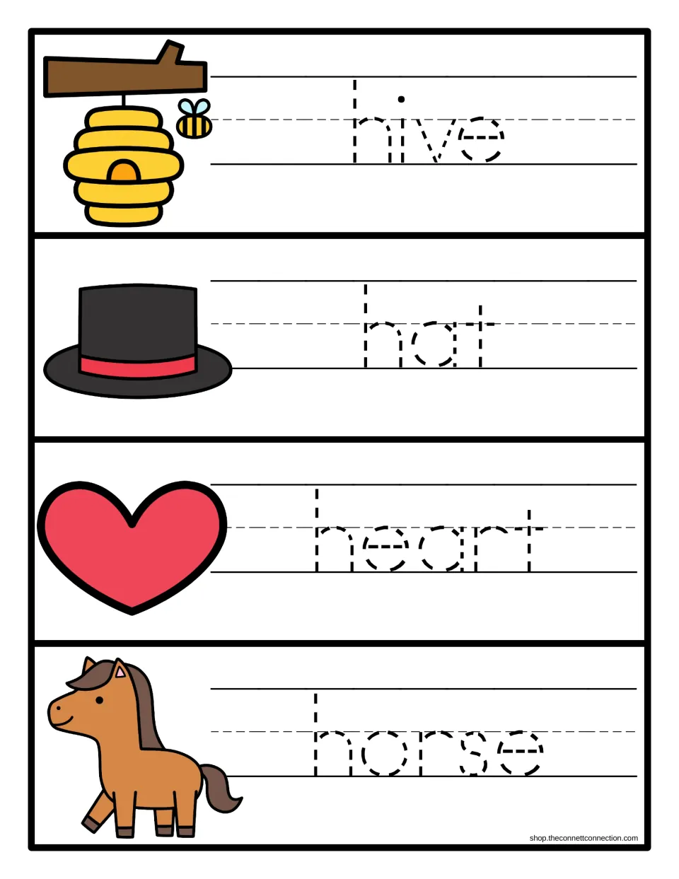 Tracing h words: students trace dotted hive, hat, heart and horse, writing each word beside its picture
