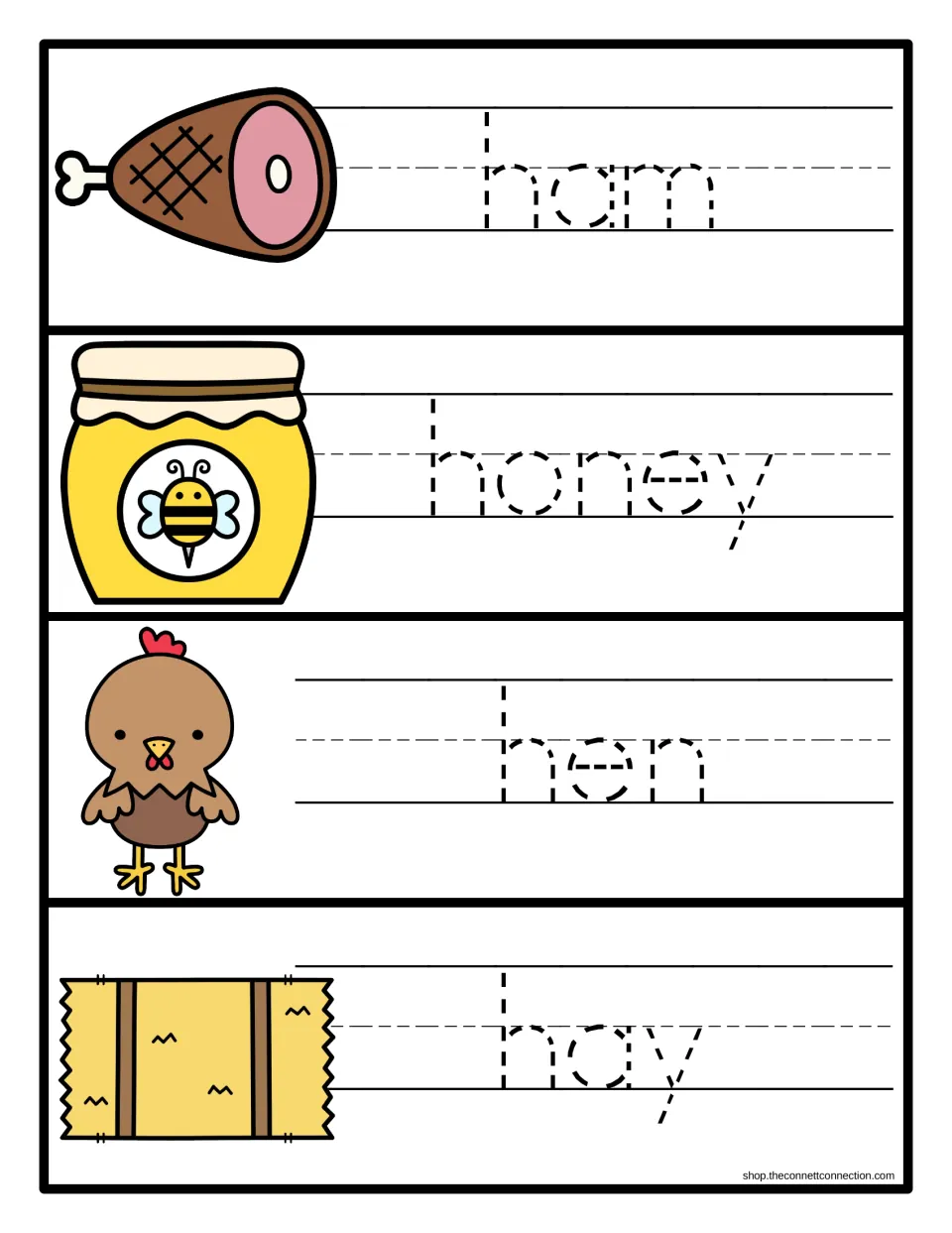 Word tracing for ham, honey, hen and hay: students follow the dotted letters to write each word next to its picture