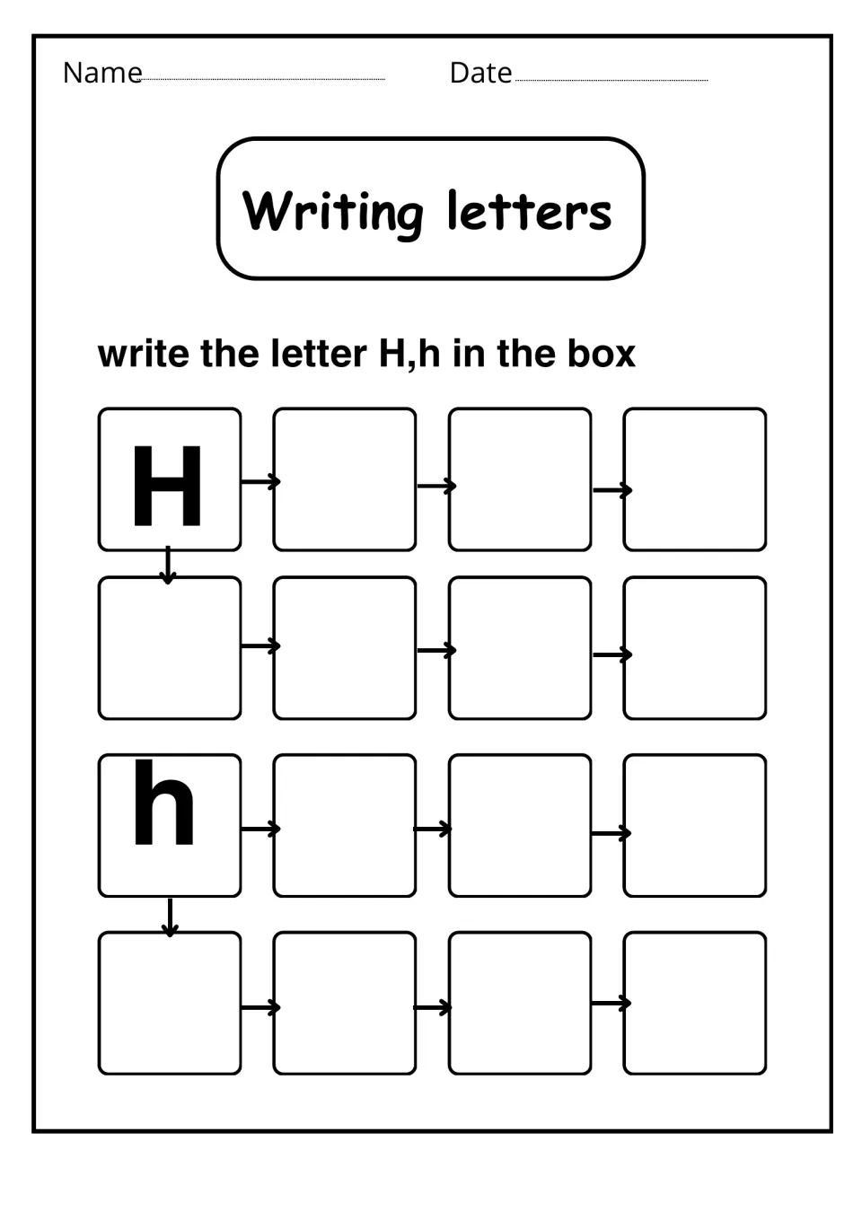 Writing letters: students copy uppercase H and lowercase h repeatedly, following arrows from each model letter