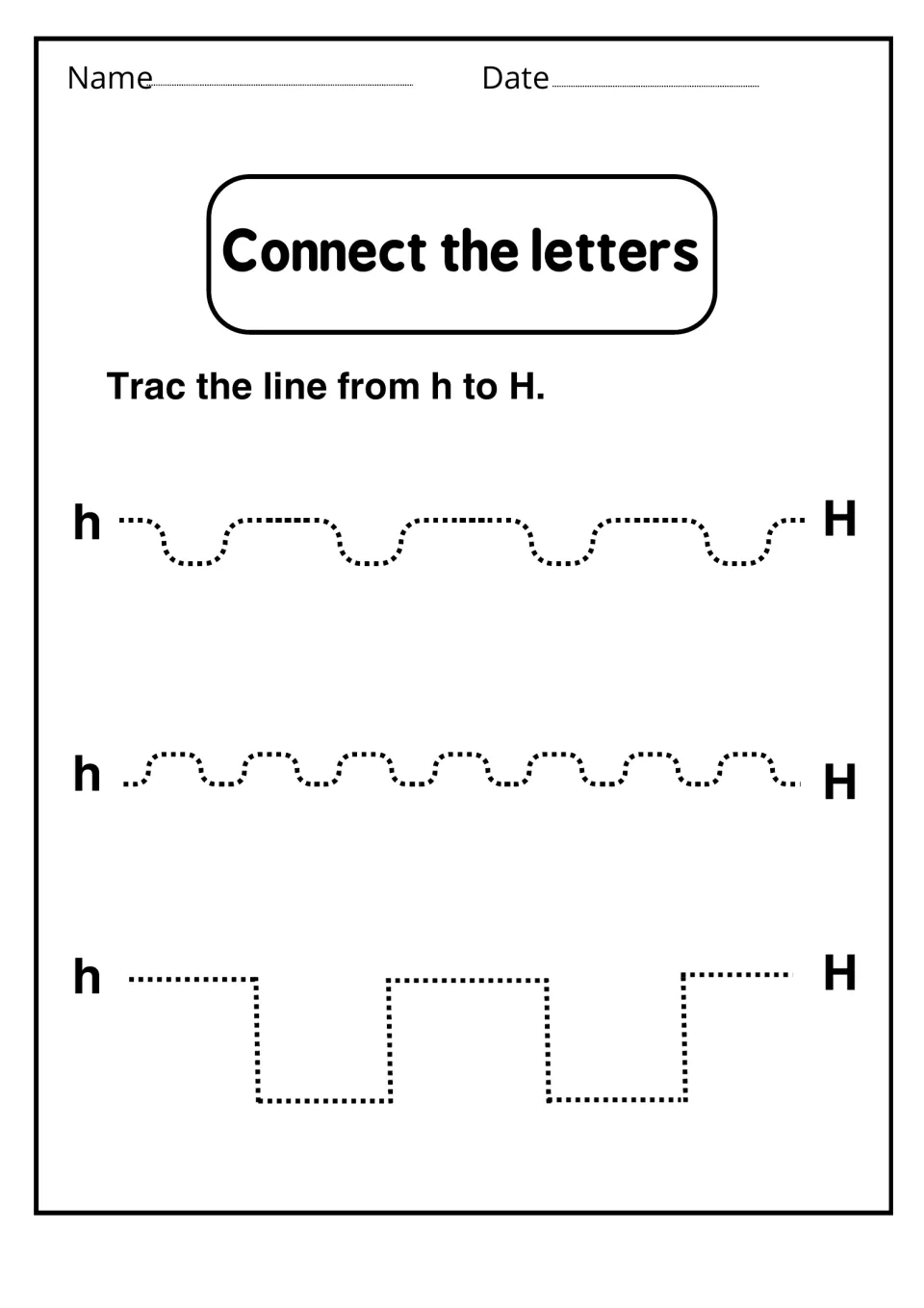 Connect the letters: students trace three dotted wavy and stepped paths from h to H for pencil control