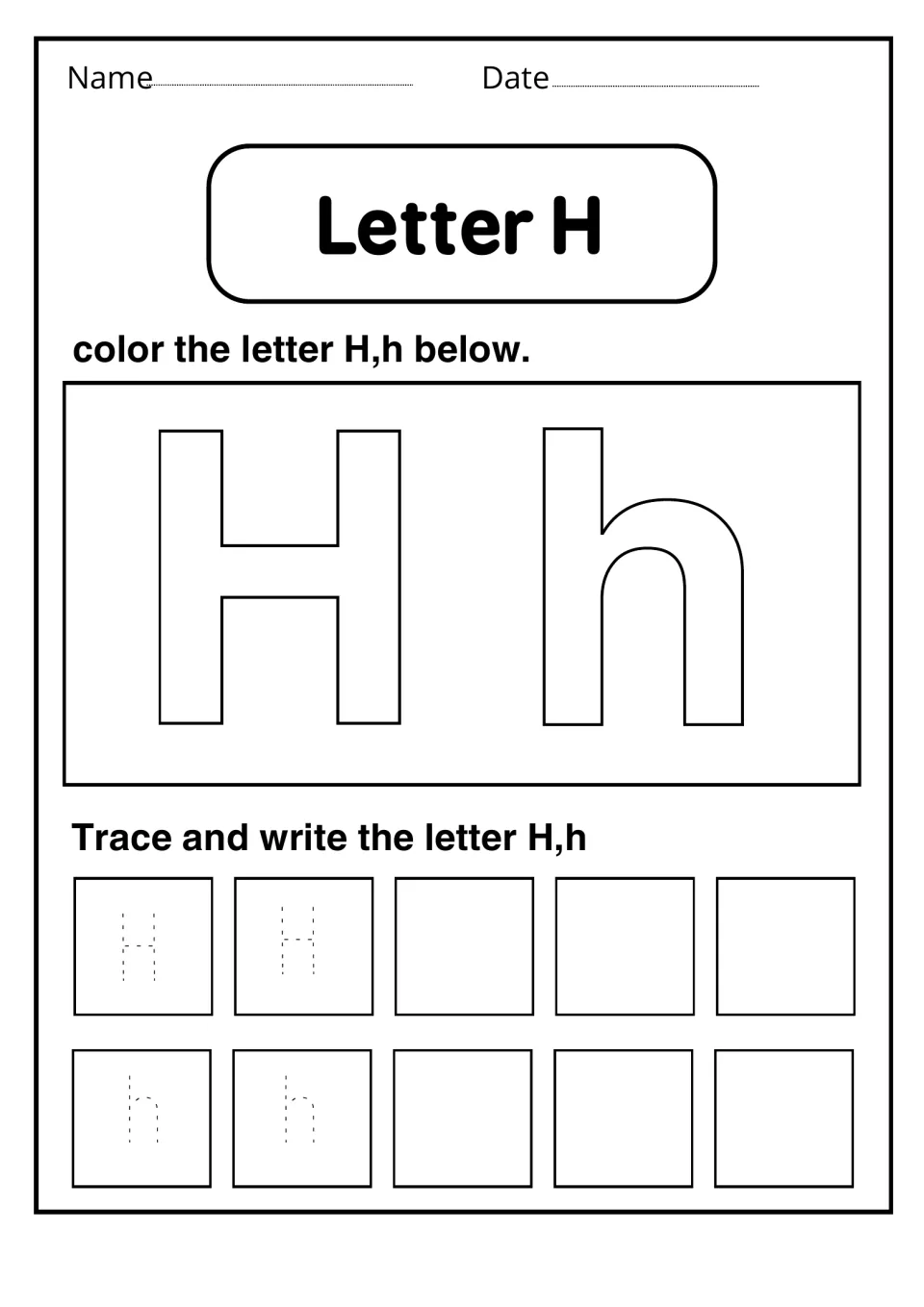 Letter H page: students color large outline H and h, then trace the dotted letters and write more of each