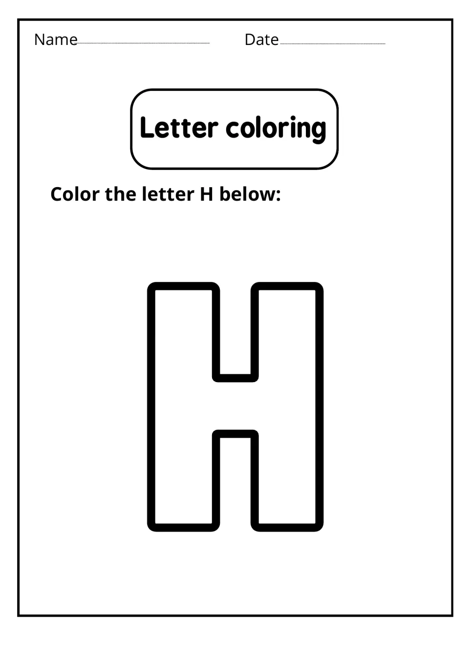 Letter coloring: students color in one large bubble-outline capital H to recognize the shape of the uppercase letter