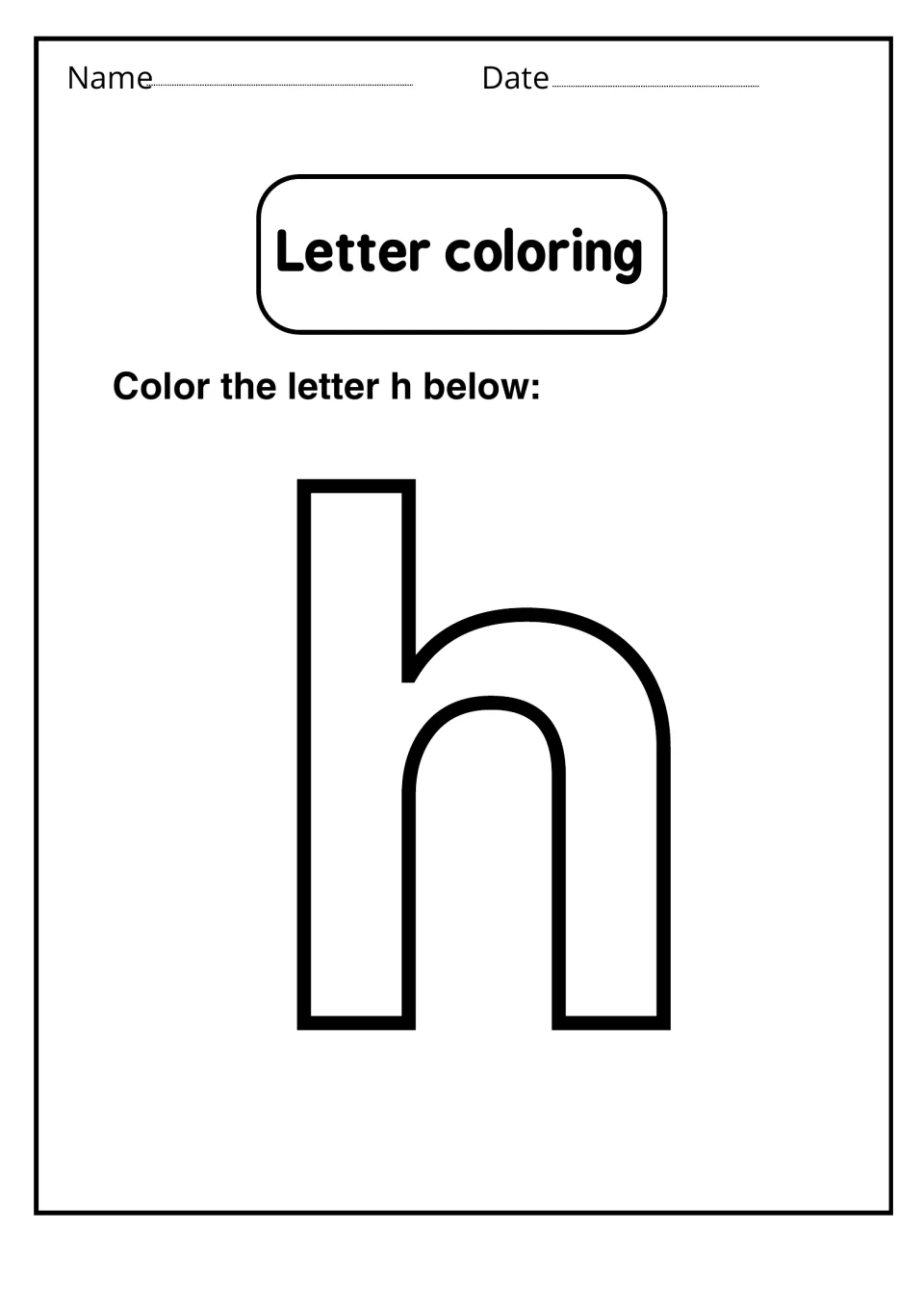 Letter coloring: students color in a single large outline lowercase h to practise recognizing the small letter form