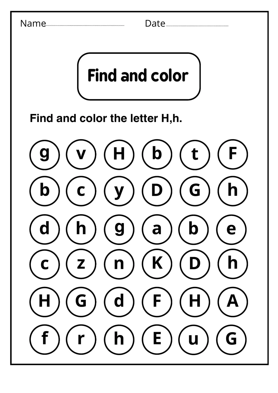 Find and color: students scan 36 circled letters and color every H and h to practise letter recognition