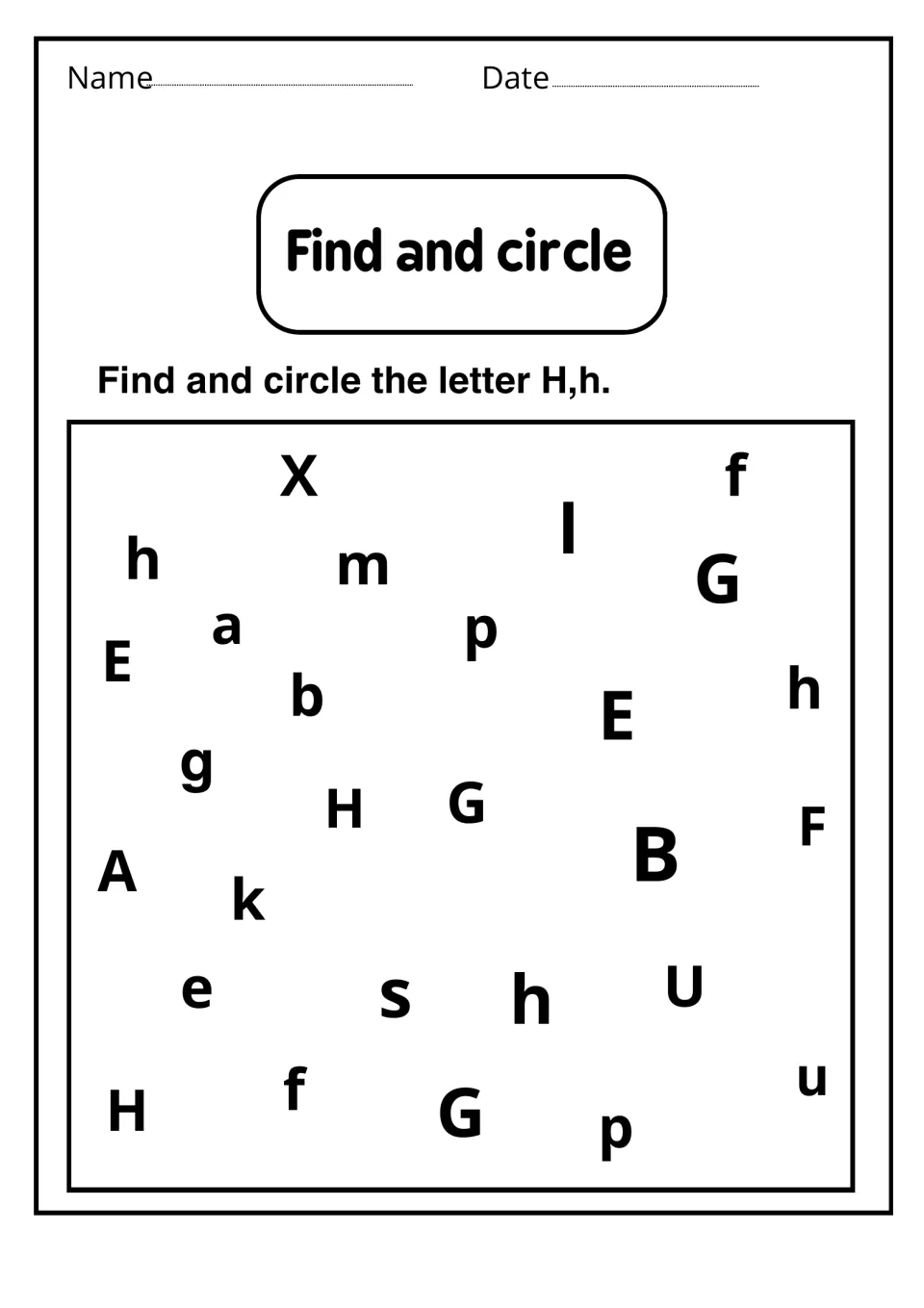 Find and circle: students search scattered capital and small letters and circle each H and h for visual discrimination