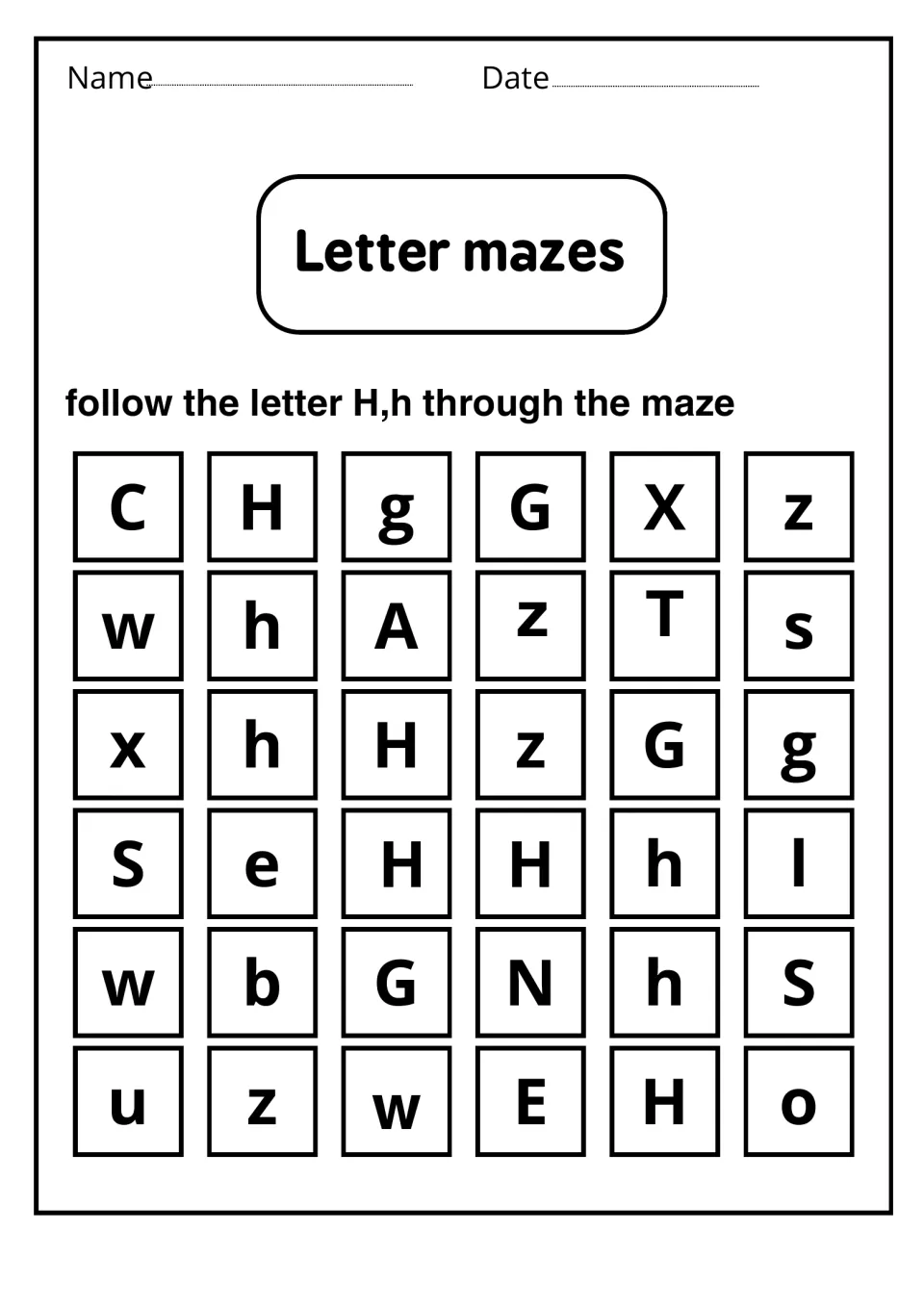 Letter mazes: students follow H and h from top to bottom through 36 mixed letters, practising visual scanning