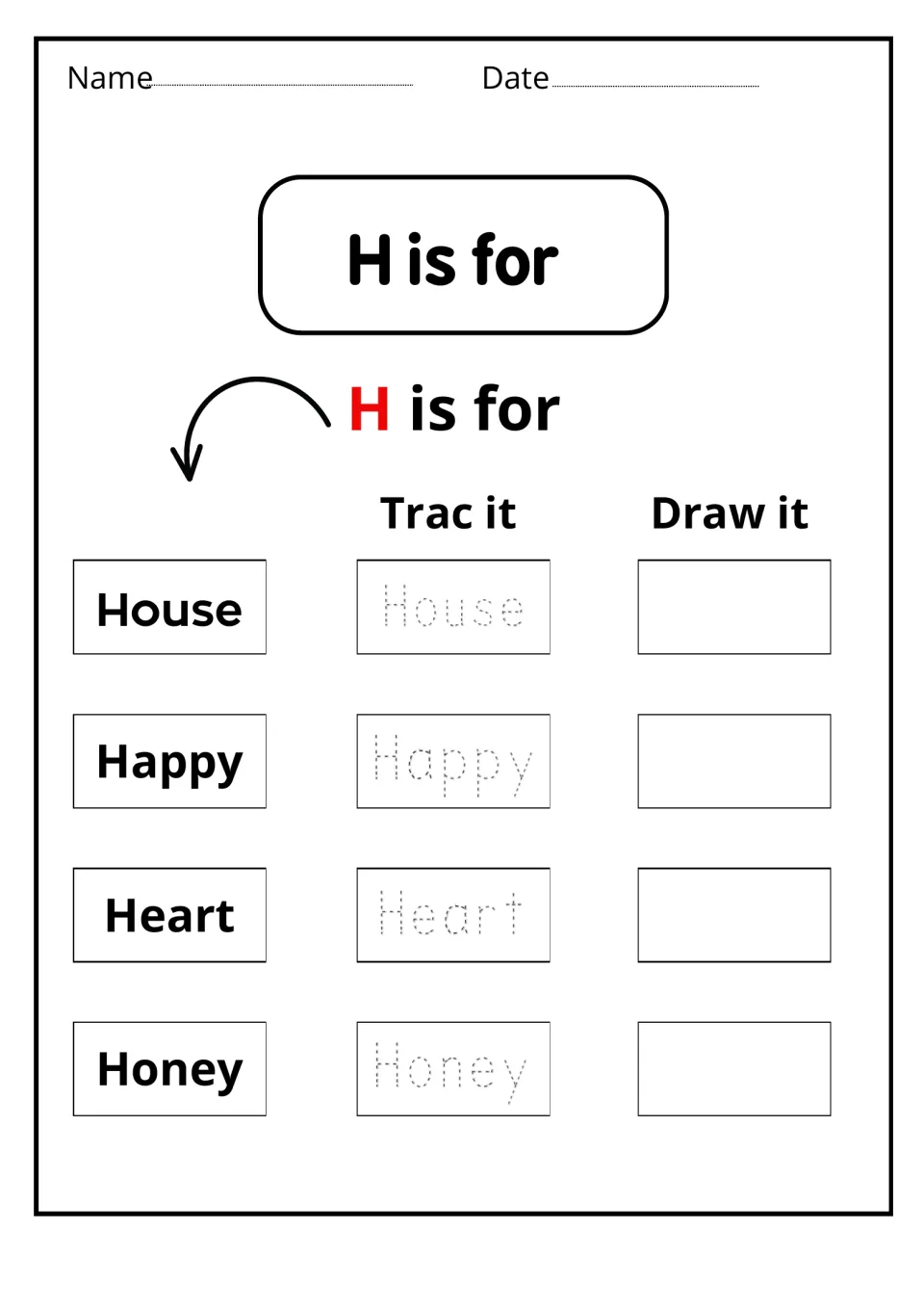 H is for: students trace House, Happy, Heart and Honey, then draw each word, practising the initial H sound