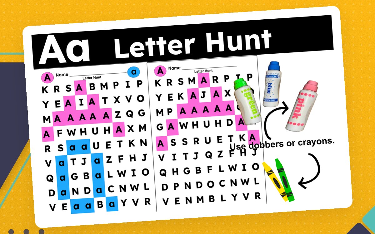 Letter Hunt Letter A preview: A cover page instructing students to use dobbers or crayons