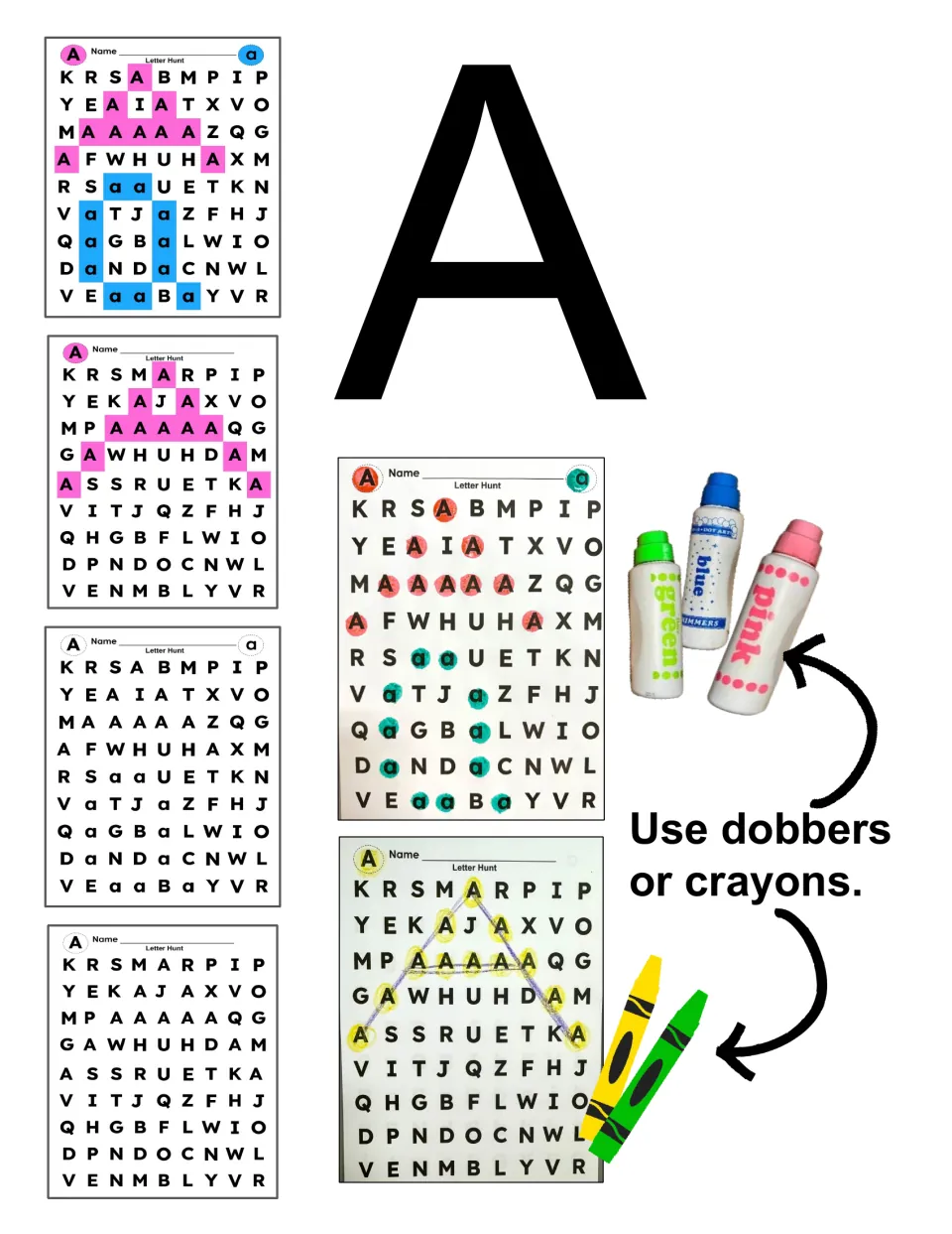 Letter A cover: sample hunt pages shown blank, color-filled and marked, with the tip to use dobbers or crayons