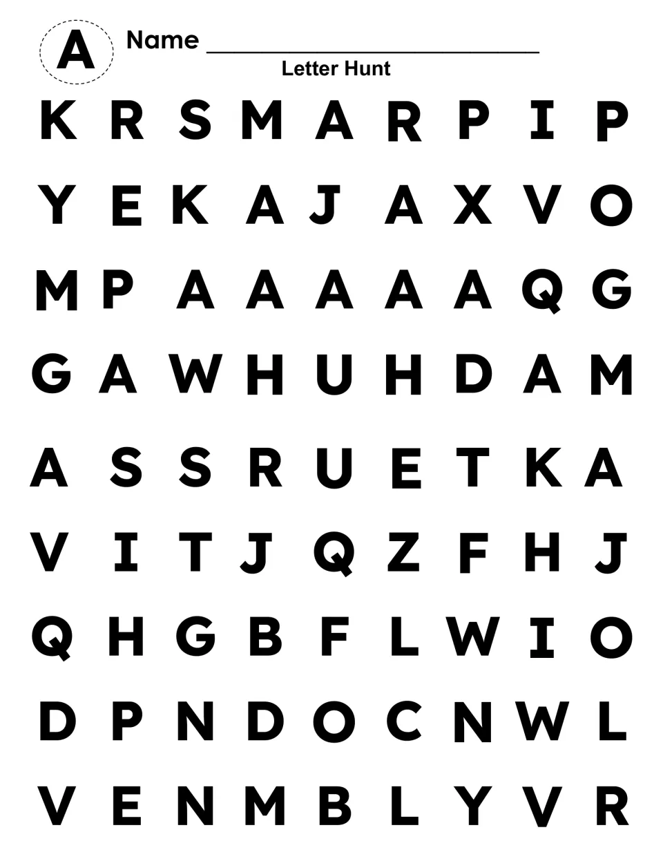 Capital A hunt: students search rows of uppercase letters and mark every A, recognizing it among similar letters