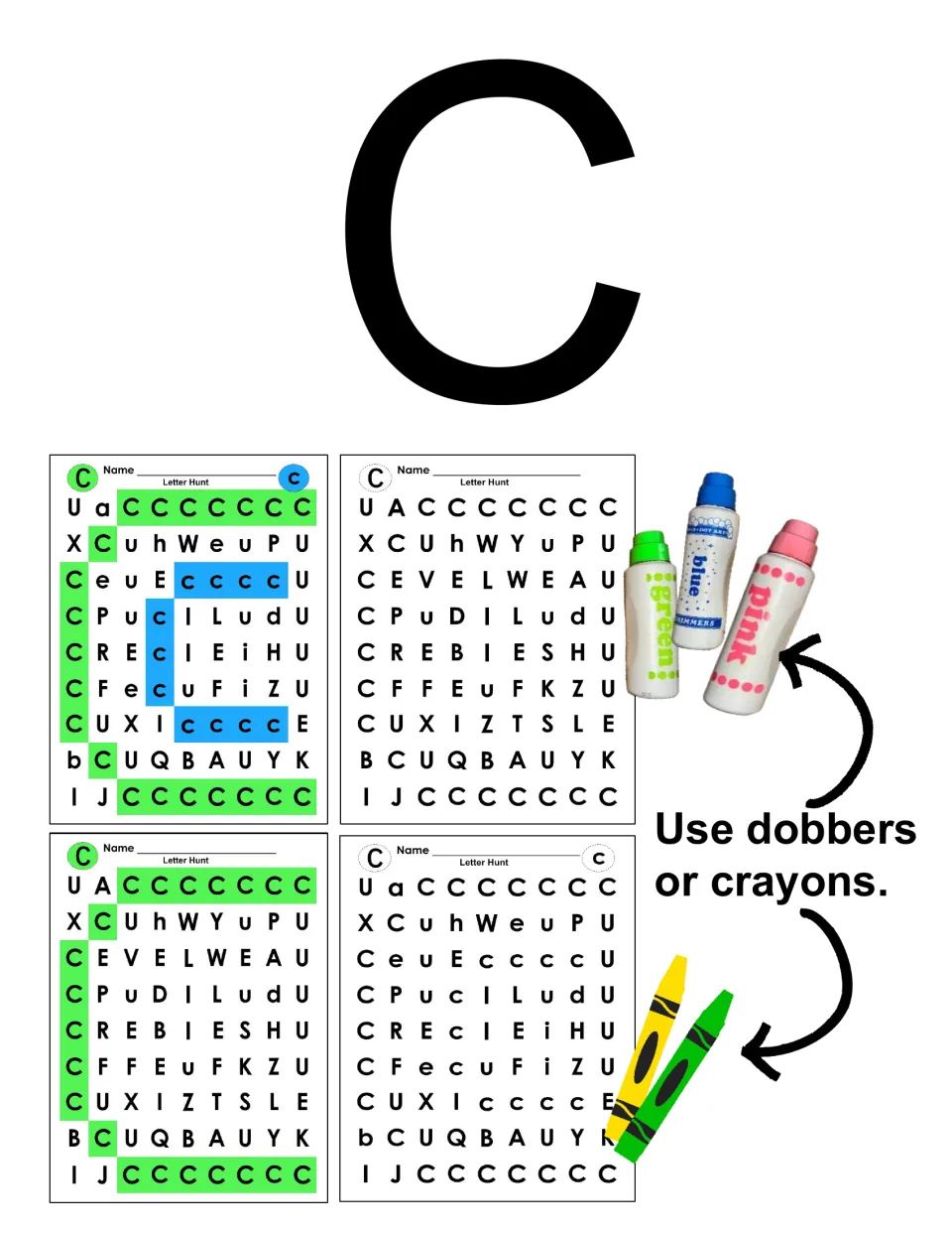 Big letter C cover showing four letter hunt pages, two shaded in color, with a note to use dobbers or crayons
