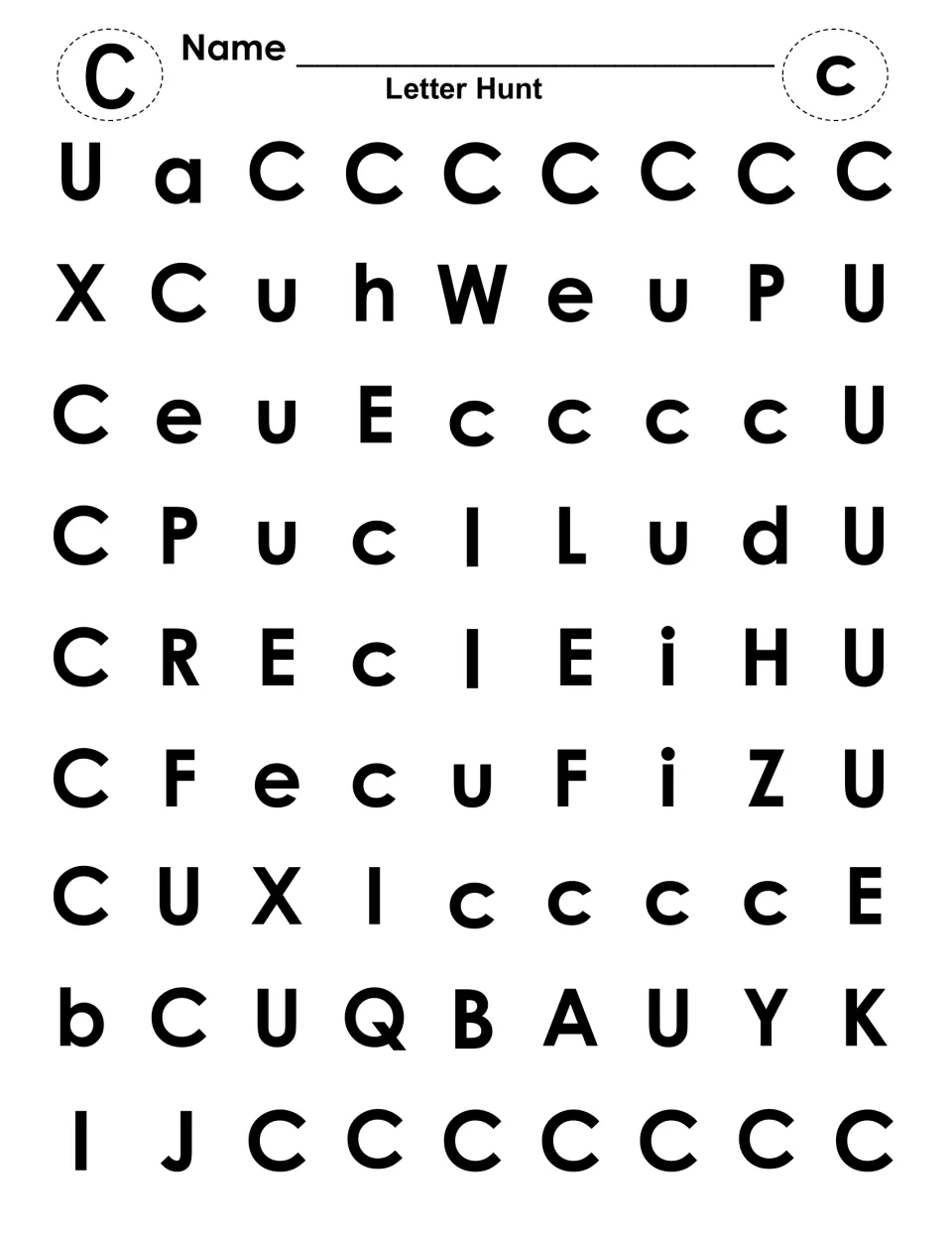 Letter recognition: students dot every C and c among mixed letters to reveal a big C shape with a small c inside