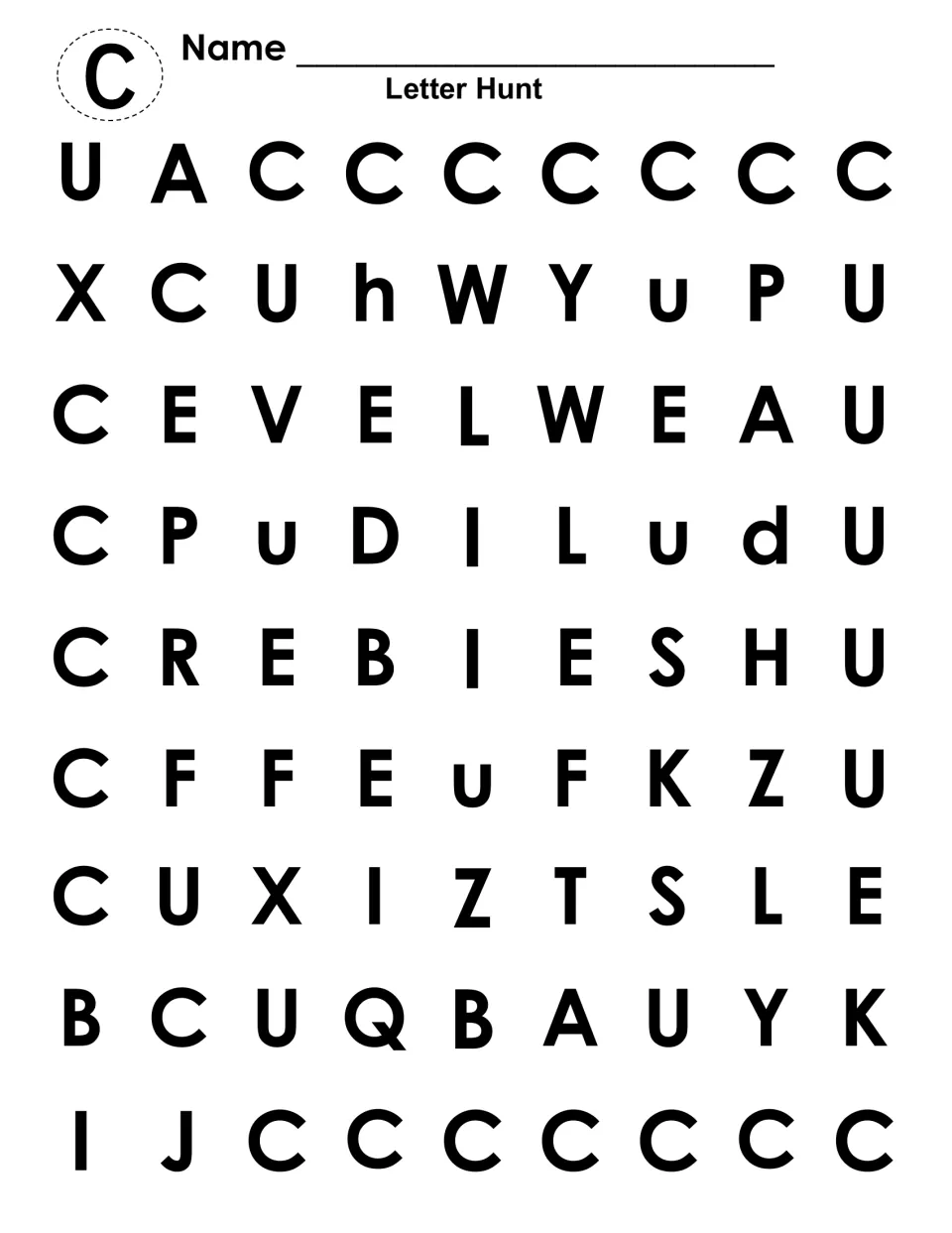 Capital letter hunt: students mark each uppercase C hidden among other capitals to uncover one large C shape