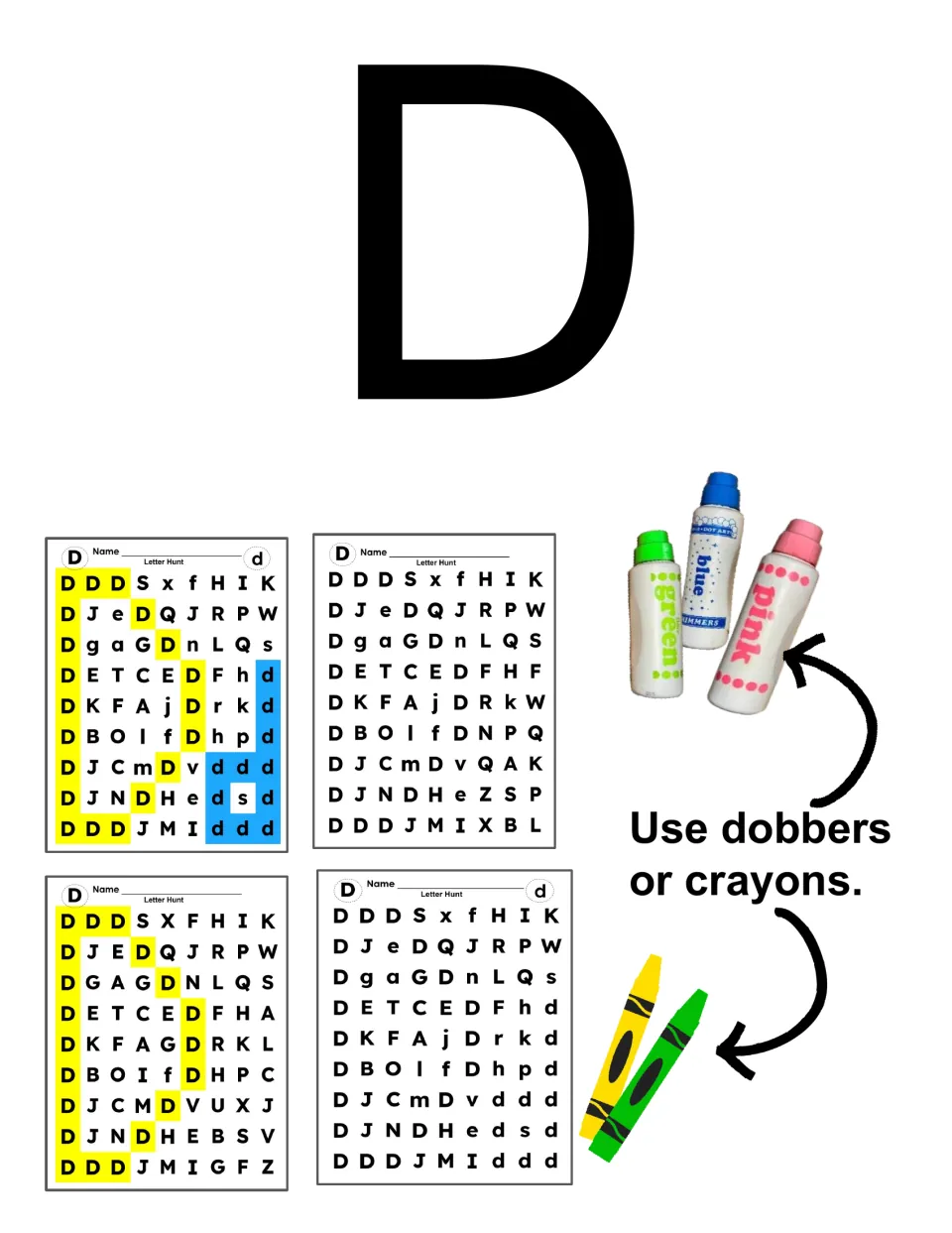 Letter D cover showing four letter hunt pages and a tip to use dot markers (dobbers) or crayons to mark each D