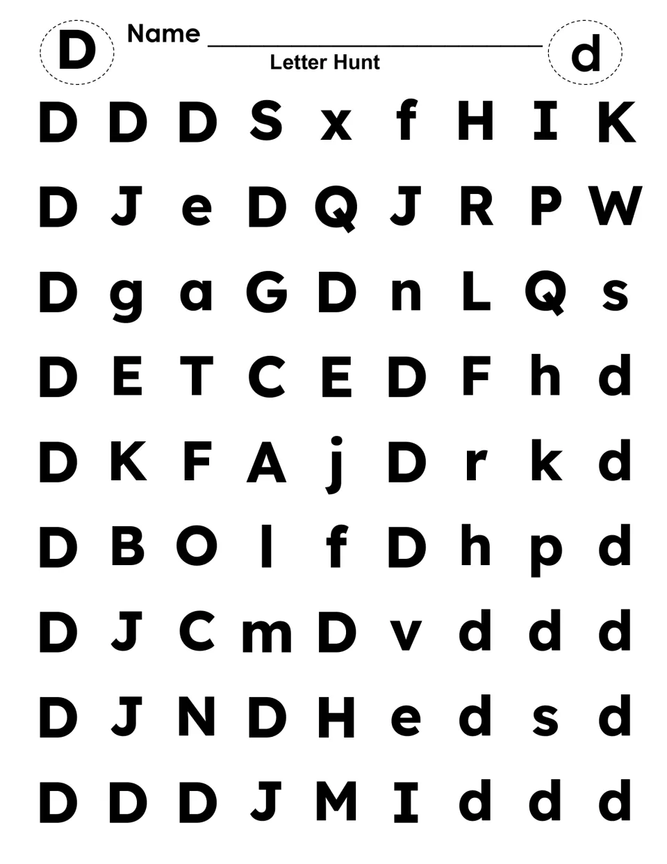 Letter recognition: students find and colour every uppercase D and lowercase d in a 9-by-9 grid of mixed letters