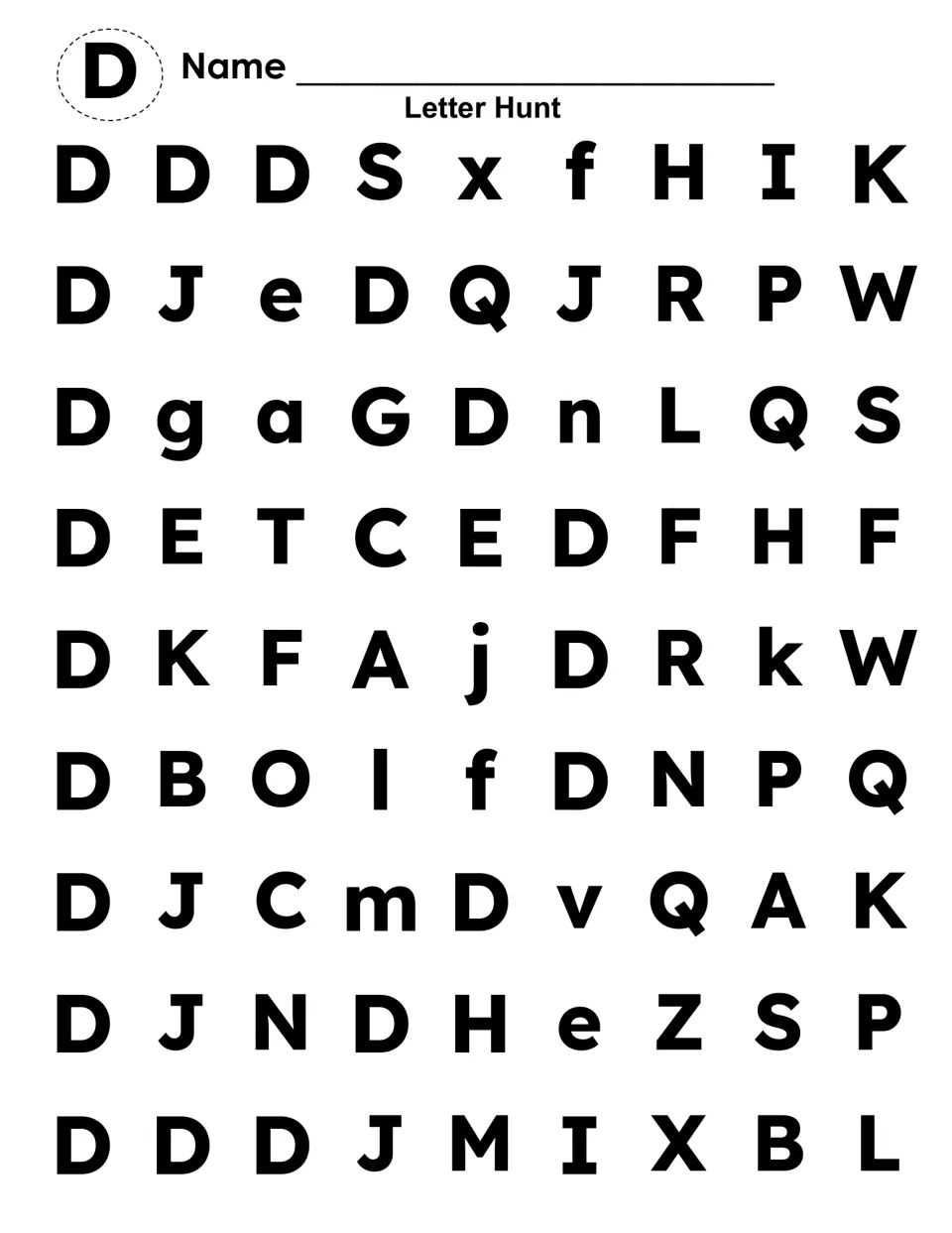Uppercase D hunt: students find and mark each capital D among mixed capital and lowercase letters in a 9-by-9 grid