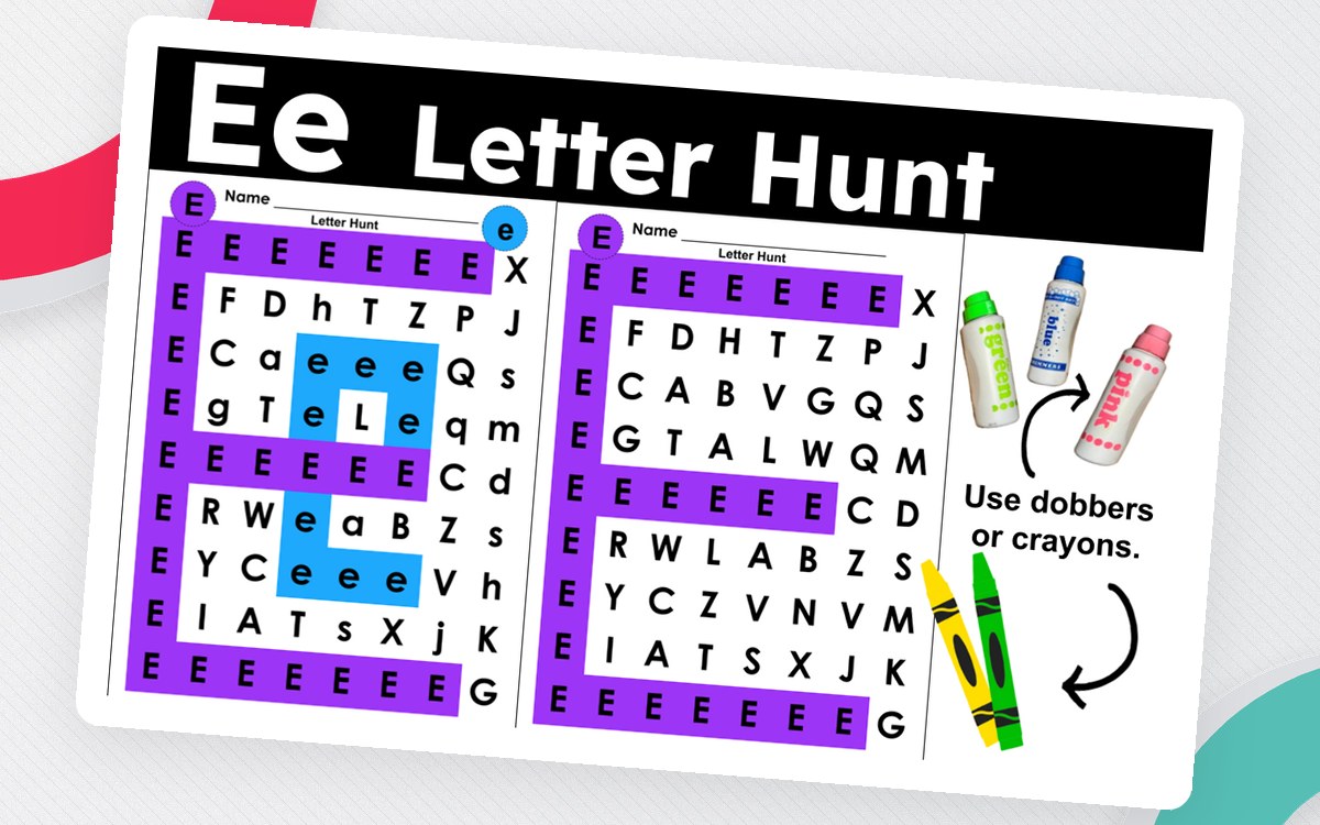 Letter Hunt Letter E Activities preview: Cover page suggesting dobbers or crayons