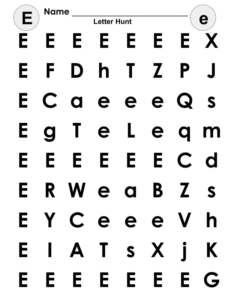 Uppercase and lowercase E hunt: students find and color every E and e among mixed letters to reveal a big E and small e