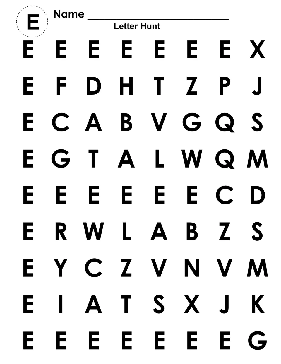 Capital E recognition: students find and color each E among capital letters to reveal a large E shape in the grid