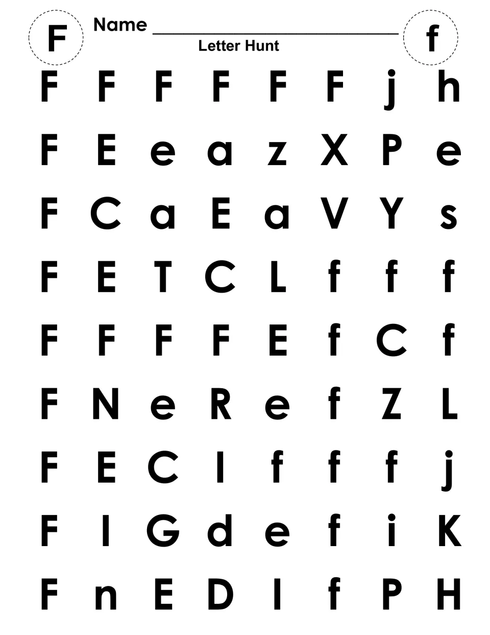Letter F recognition: students find and colour every F and f among mixed letters to reveal hidden letter shapes
