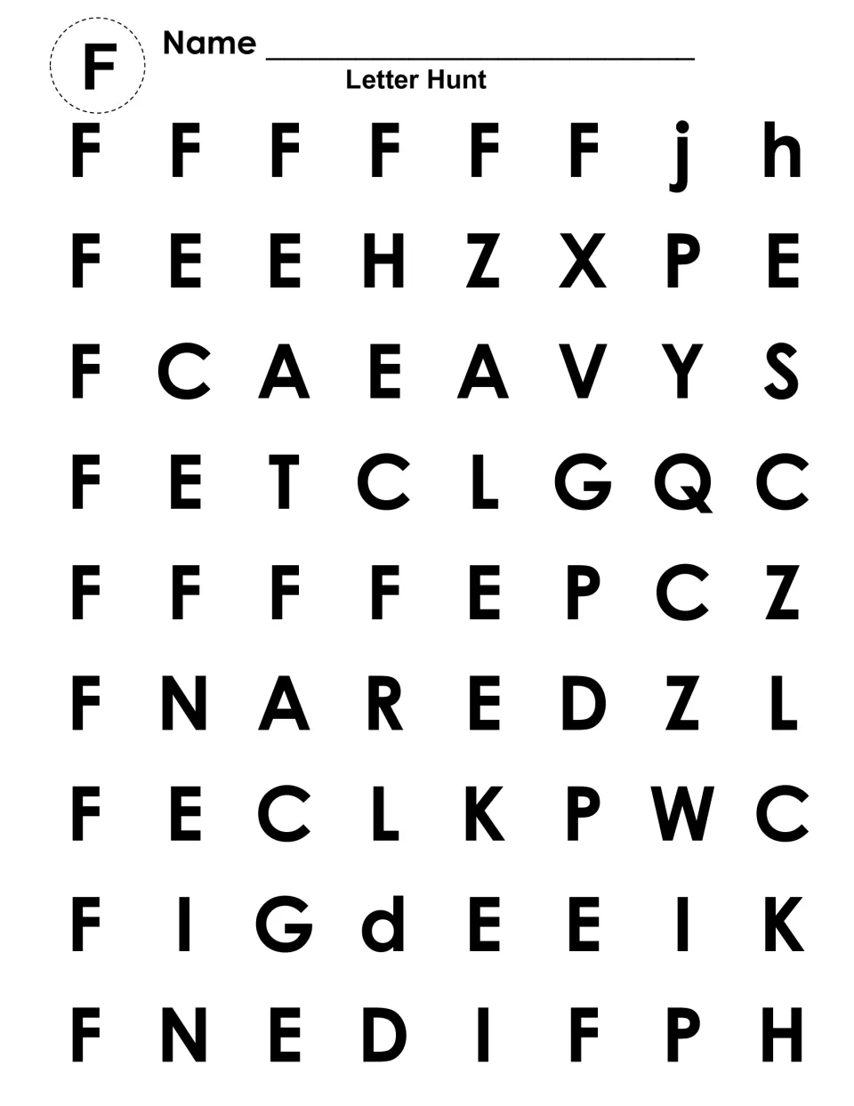Capital F recognition: students search a set of capital letters and colour each F to uncover a hidden big F