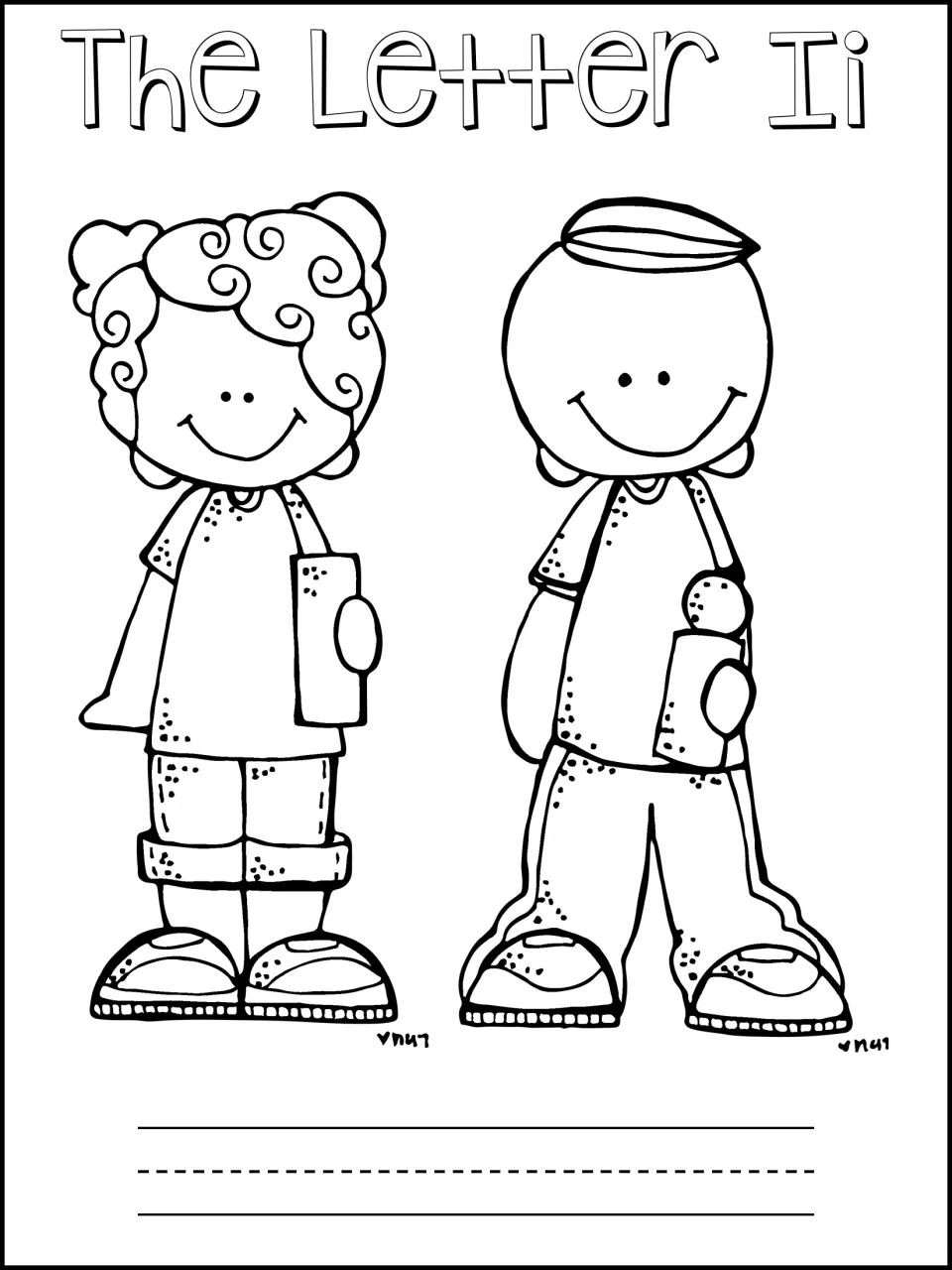 The Letter Ii booklet cover: students color a girl and a boy holding books and write their name on the line below