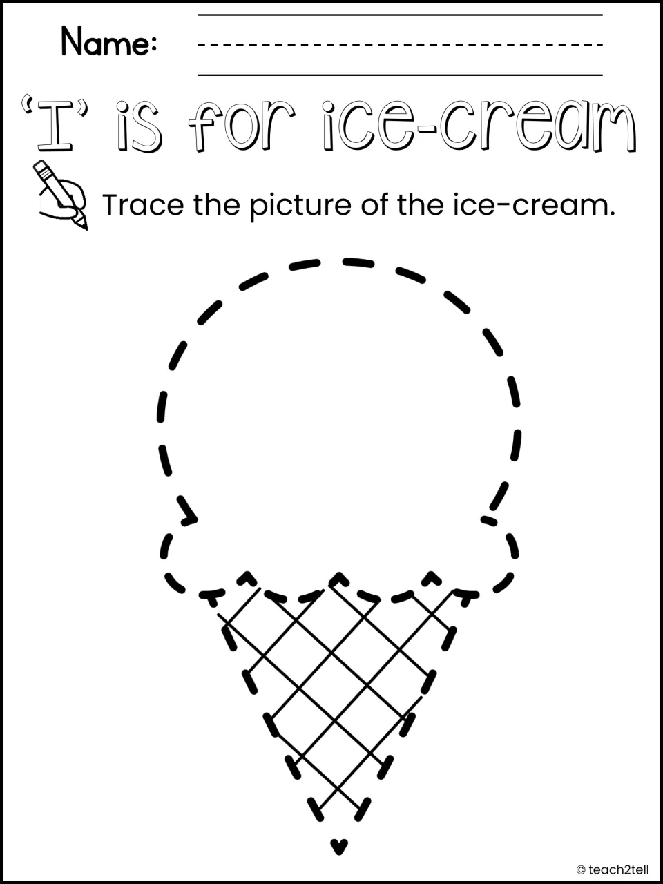 'I' is for ice-cream: students trace a dashed ice-cream cone outline to link the letter i with a picture word
