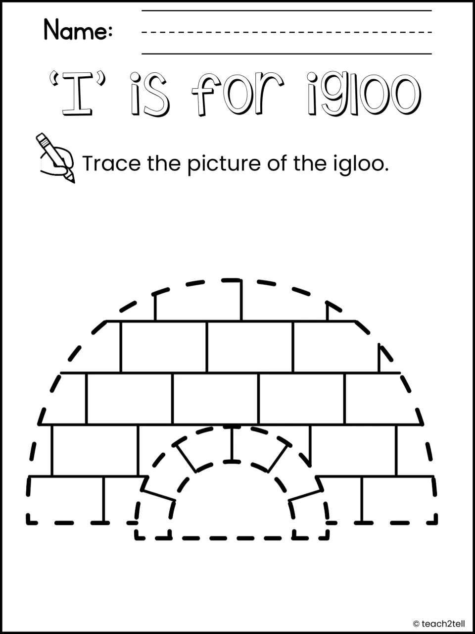 'I' is for igloo: students trace the dashed outline and doorway of an igloo to connect the i sound to a picture