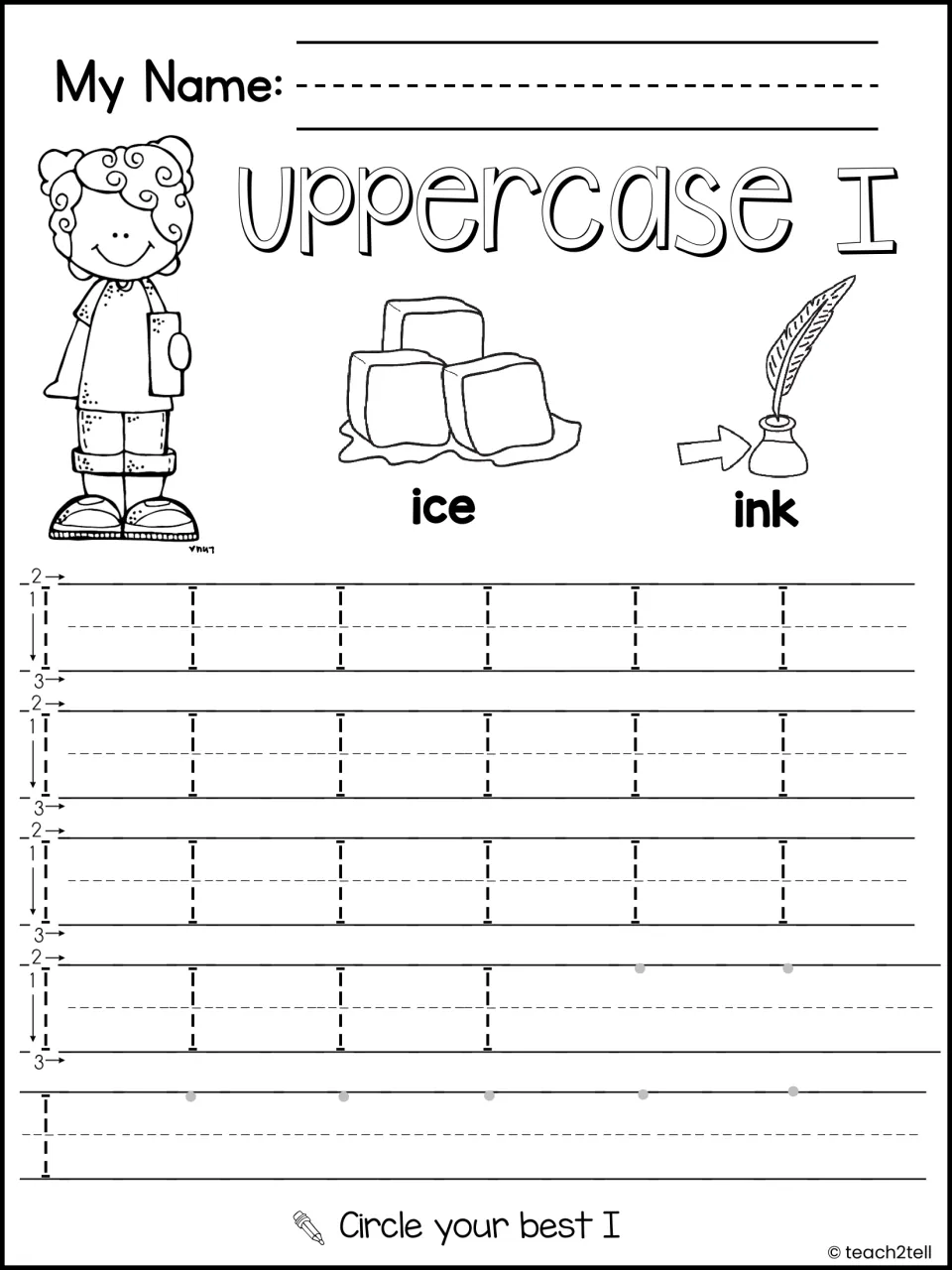 Uppercase I handwriting with ice and ink pictures: students trace rows of dashed capital I, then circle their best one