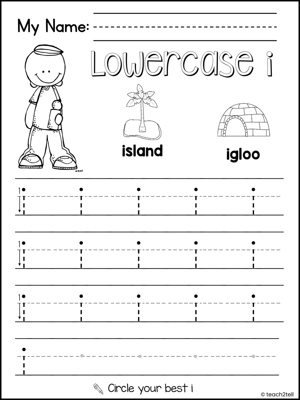 Lowercase i handwriting with island and igloo pictures: students trace dotted rows of lowercase i and circle the best