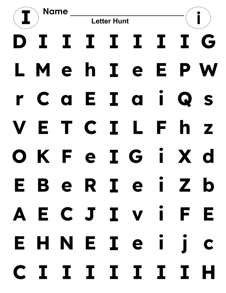 Letter Hunt for I and i: students find and dot every capital I and lowercase i among mixed letters to reveal a hidden I