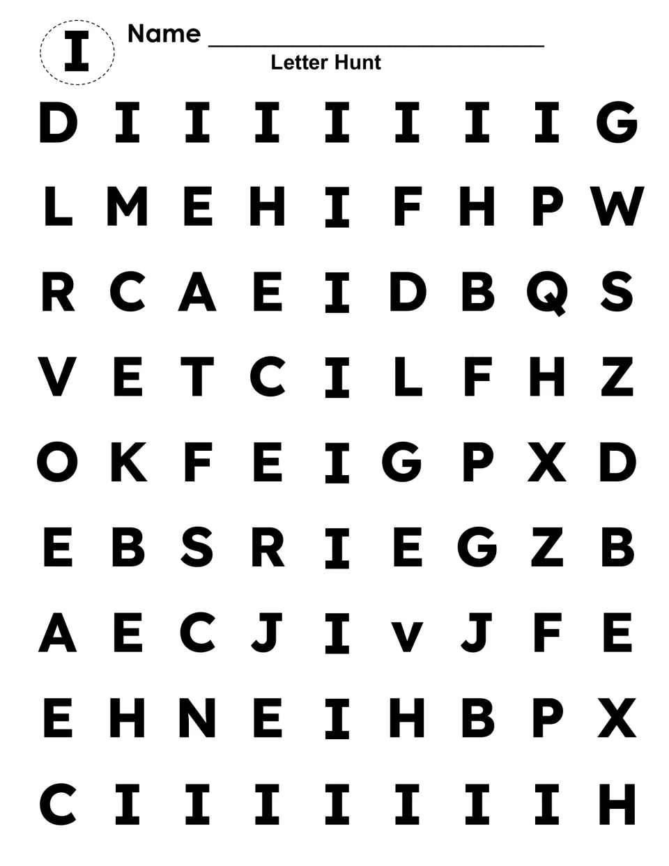 Uppercase I letter hunt: students search rows of capital letters and mark every capital I to discover the hidden letter