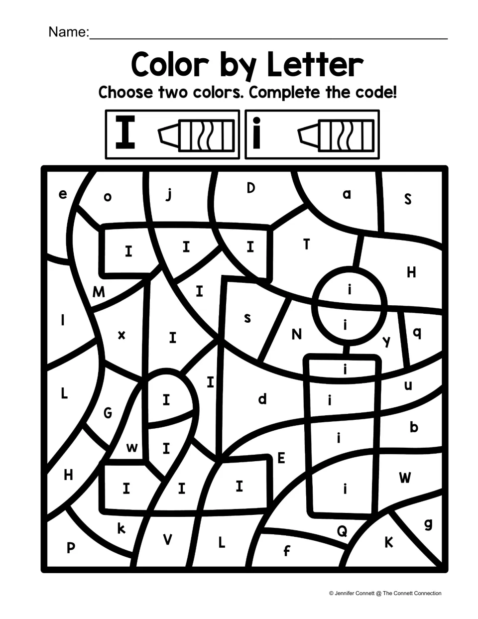 Letter I coloring worksheet: choose two colors to code uppercase I and lowercase i in a large Ii design.