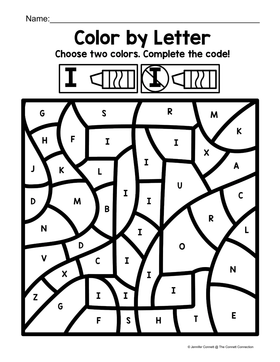 Uppercase I coloring worksheet: use two colors to distinguish I from other letters and reveal a large I.