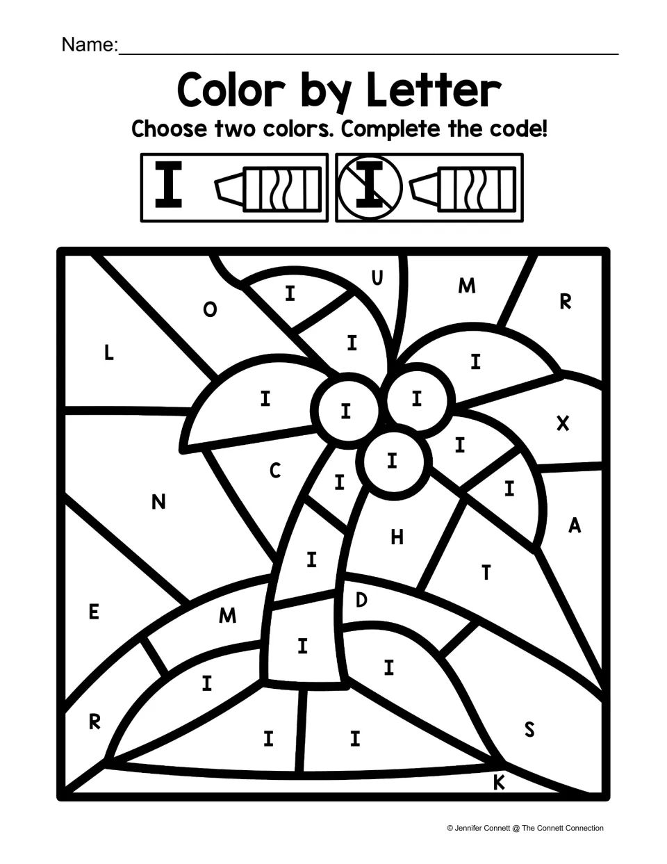Uppercase I coloring worksheet: find I among other capital letters to color an island with a palm tree.