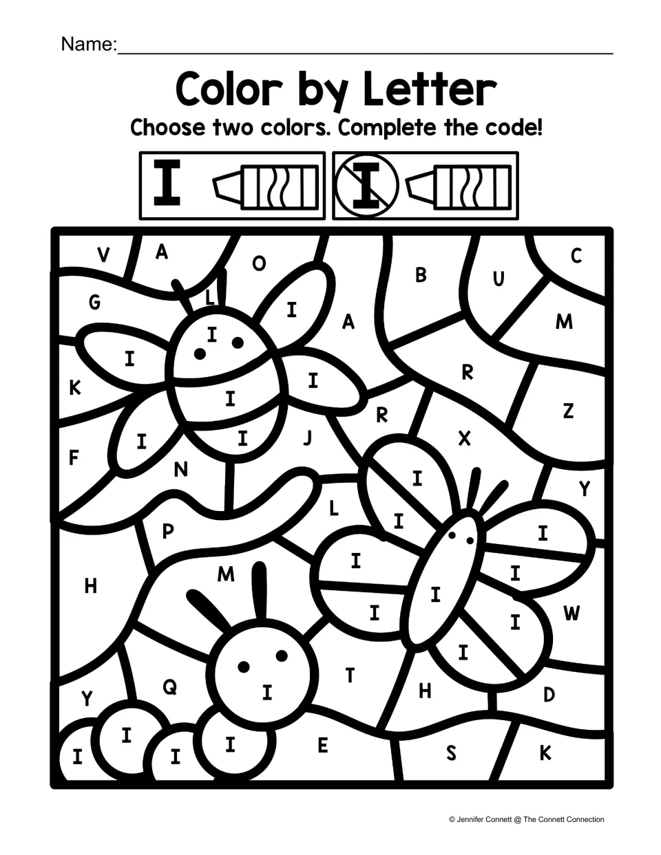 Uppercase I coloring worksheet: use the I and not-I code to color a bee, butterfly, and caterpillar.