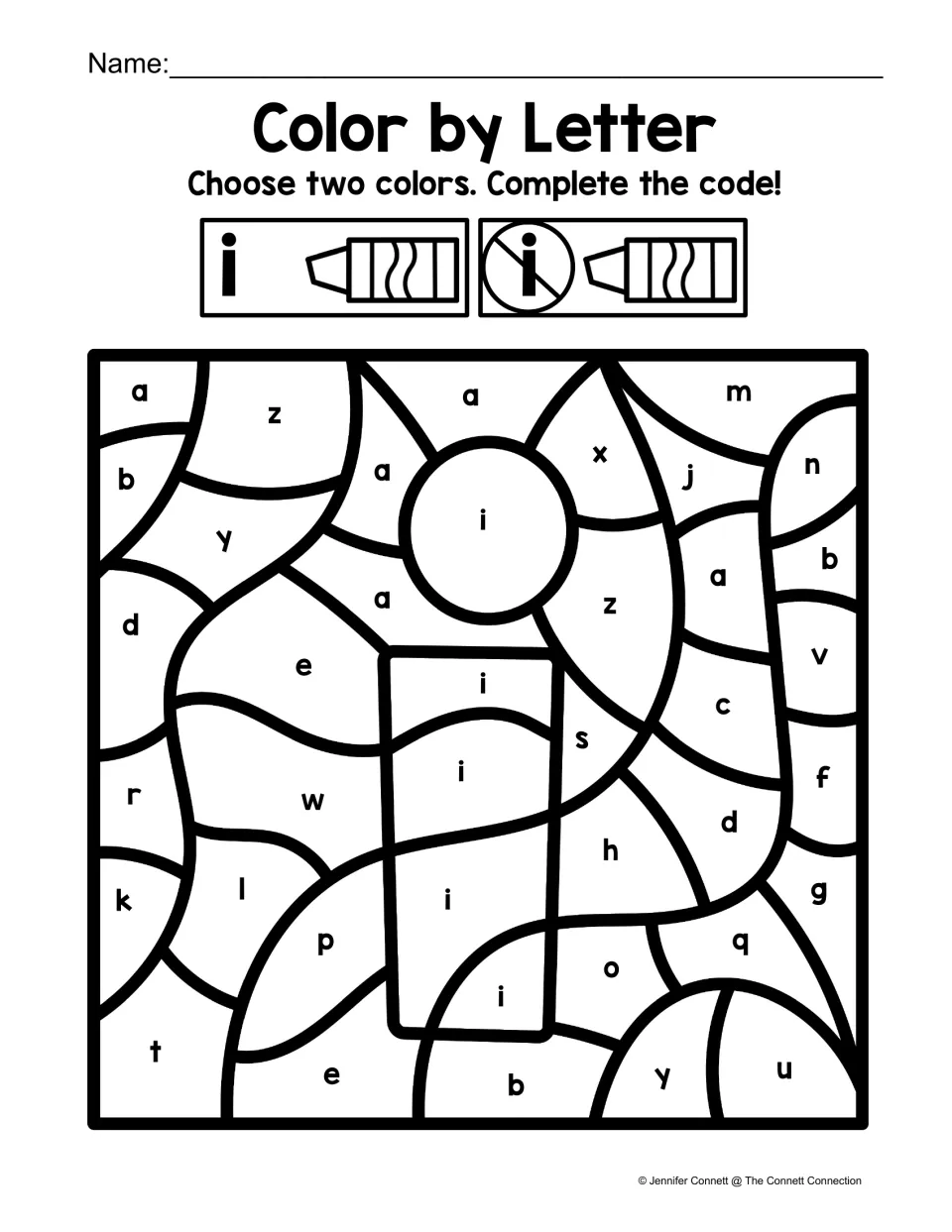Lowercase i coloring worksheet: use two colors to separate i from other letters and reveal a large i.