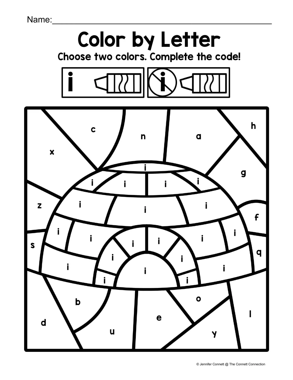 Lowercase i coloring worksheet: identify i throughout an igloo and use a second color for other letters.
