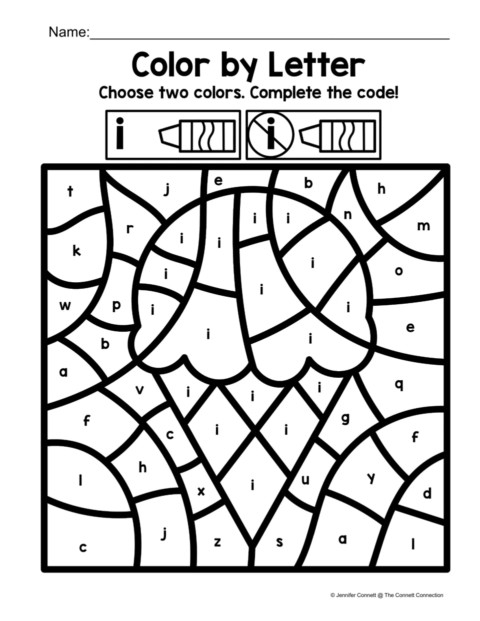 Lowercase i coloring worksheet: find i in an ice cream cone and use a second color for other letters.