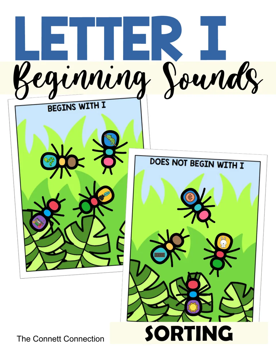 Letter I beginning sounds sorting cover: ant picture cards placed on Begins With I and Does Not Begin With I jungle mats