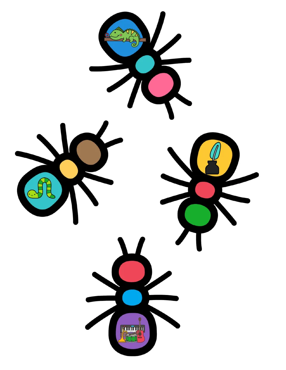 Letter I sort cards: four ants showing an iguana, inchworm, ink and quill, and instruments to cut out and sort