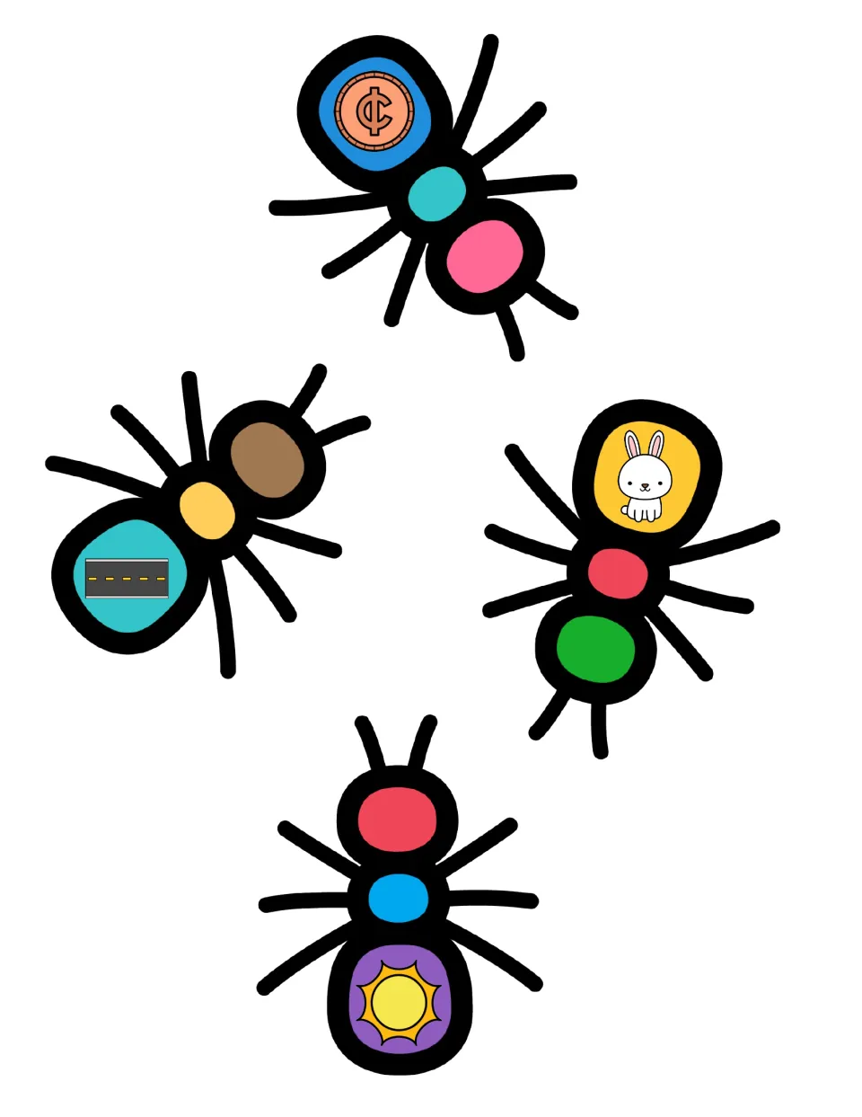Non-I sort cards: four ants showing a coin, road, bunny and sun to cut out and sort by first sound