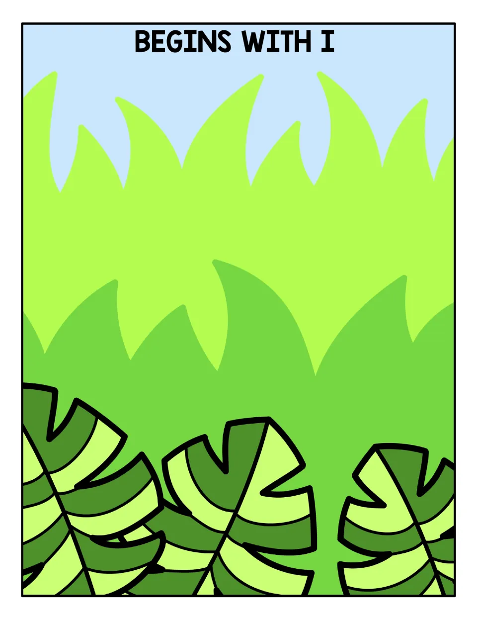 Begins With I sorting mat: jungle scene where students place ant cards whose pictures start with the /i/ sound