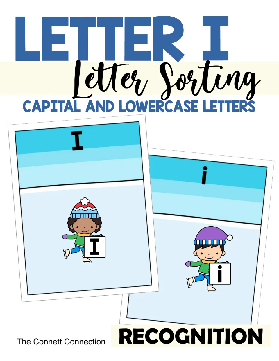 Letter I capital and lowercase sorting cover: two ice rink mats labeled I and i with skating kids holding letter cards