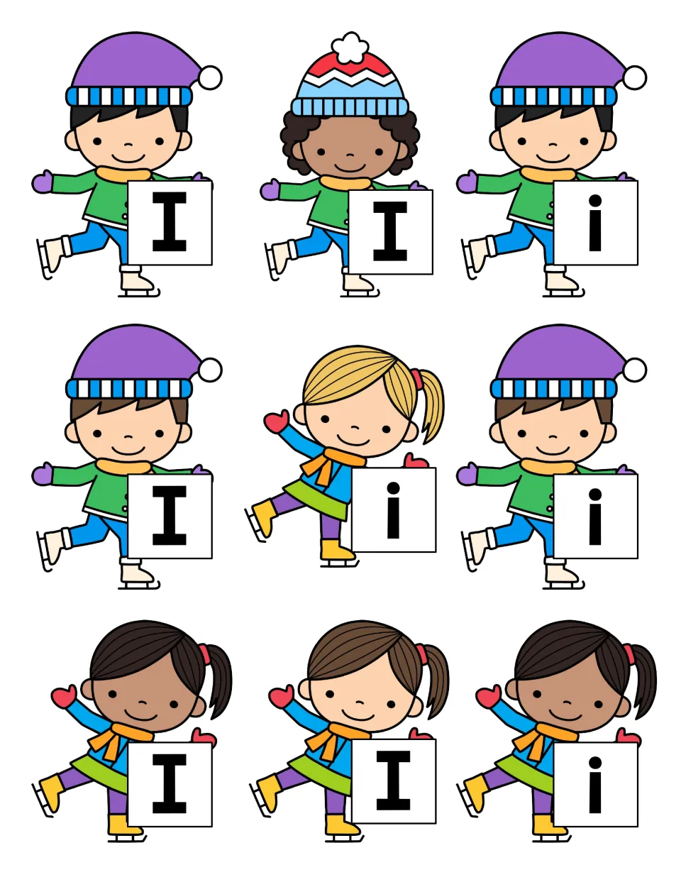 Letter I sorting cards: nine ice-skating children each hold a capital I or lowercase i for students to cut apart and sort
