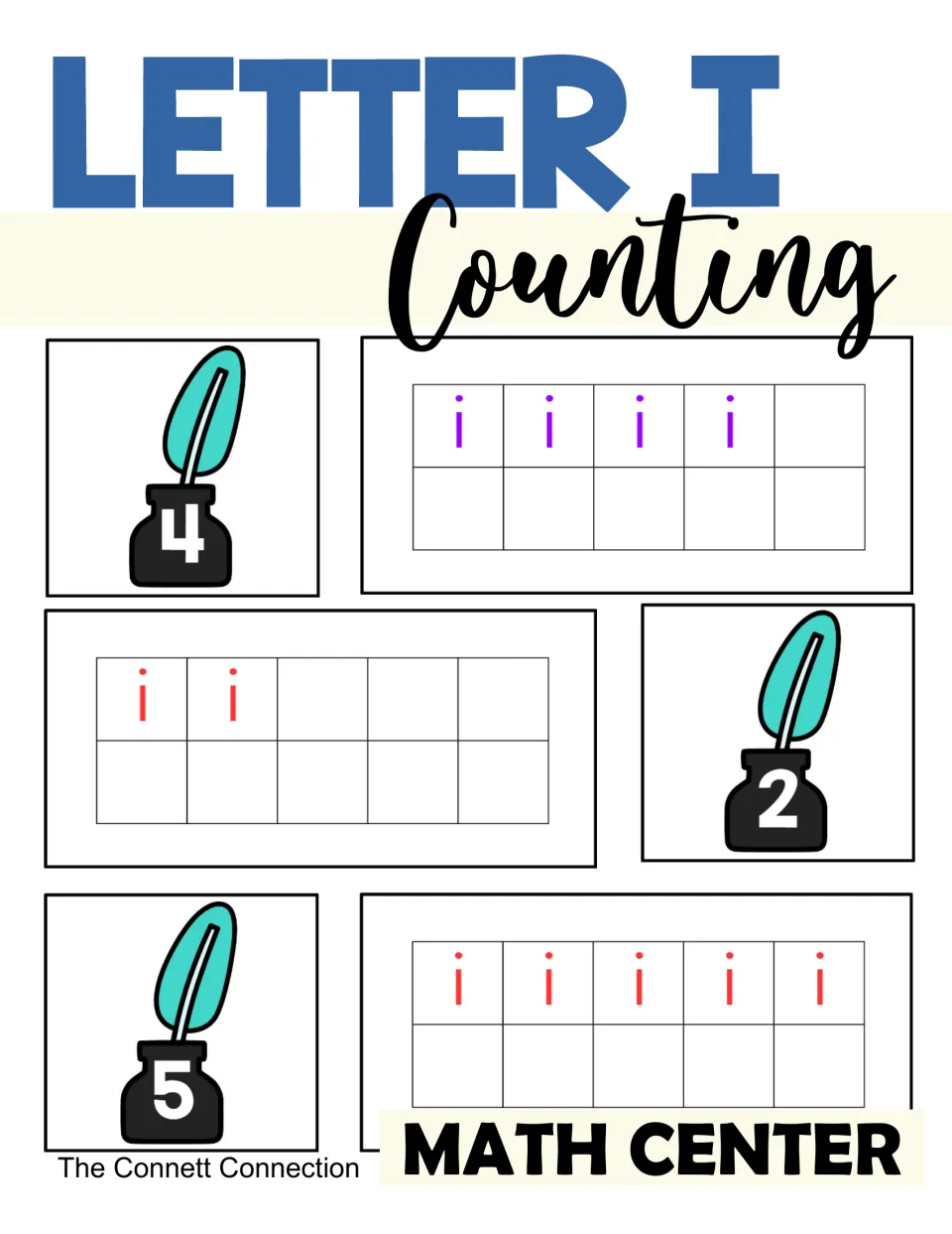 Letter I Counting to 10 Center cover showing ink cards 4, 2, and 5 beside matching lowercase i quantities