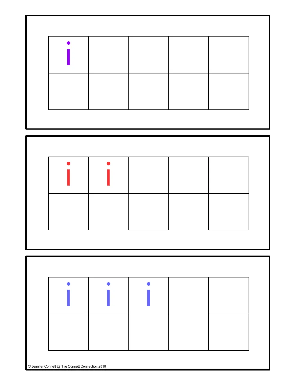 Counting center ten-frame cards for 1, 2, and 3, using lowercase i letters to match numbered ink cards