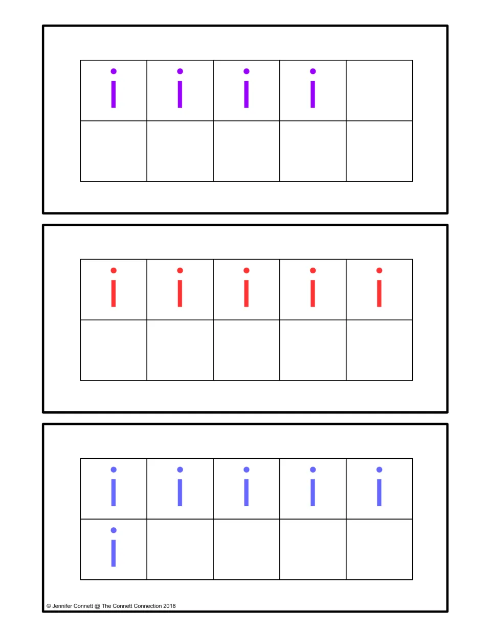 Counting center ten-frame cards for 4, 5, and 6, using lowercase i letters to match numbered ink cards