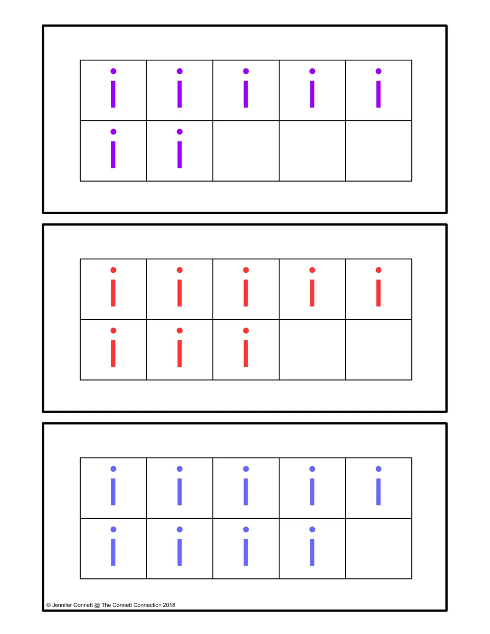 Counting center ten-frame cards for 7, 8, and 9, using lowercase i letters to match numbered ink cards